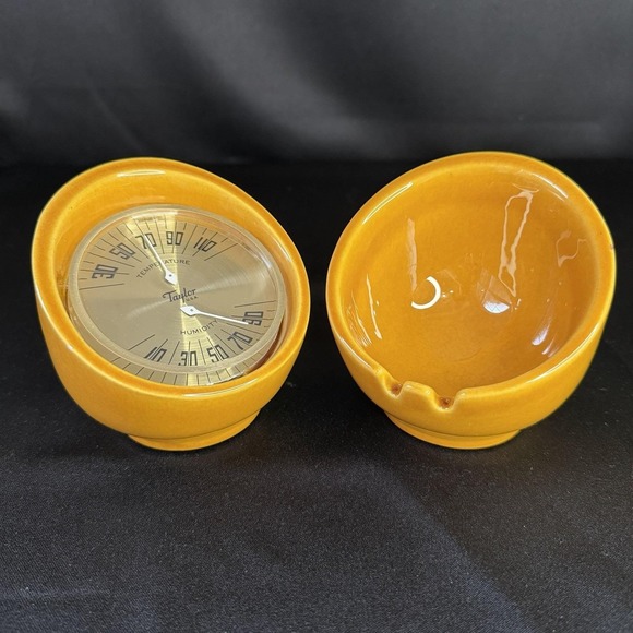MCM 60s Atomic Ceramic Yellow Glazed Table Top Ashtray & Taylor Thermometer Set